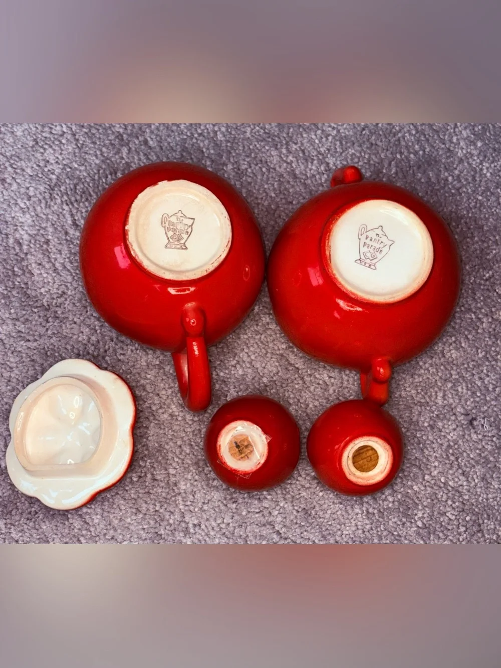 Pantry Parade Red Tomato Ceramic Sugar Bowl & Creamer w/Salt & Pepper Shakers
